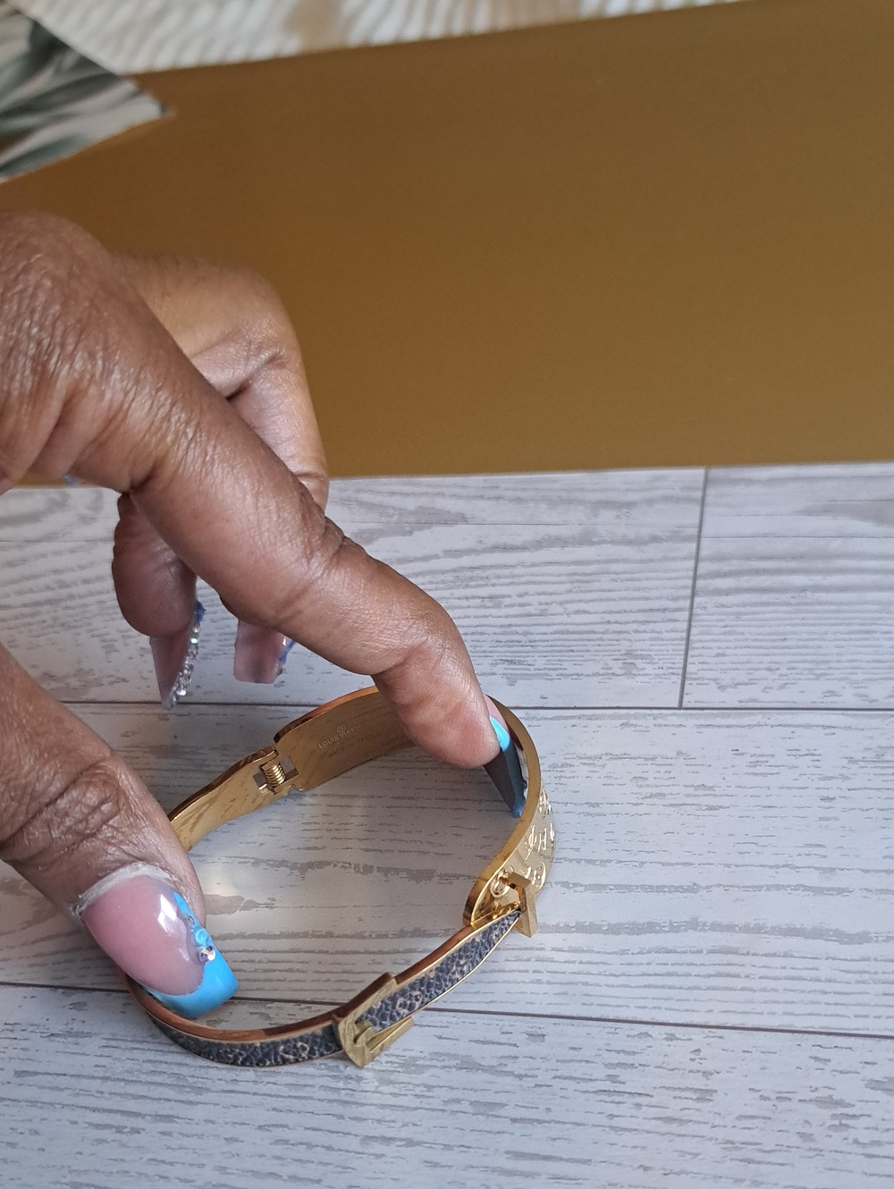 Gold Leather-Trim Hinged Bangle Bracelet - Gold